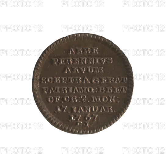 historical trio, Stanislaw August Poniatowski (King of Poland; 1764–1795), Konstanty Jablonowski - inspector, (1767), Polish coins, Stanislaw August Poniatowski (King of Poland; 1732–1798) — iconography, portraits of rulers, commemorative coins, inscriptions. Obv.: Head of Stanislaw August turned right, around the inscription divided at the bottom: STANISLAUS AUG: D:G:REX POL:M:D:L: -, pearl border. Rev.: Inscription in eight lines: AERE/PERENNIVS/AEVUM/SCEPTRA GERAT/PATRIAMQ:BEET/OF:CR:?.MON:/17.IANUAR./1767., below CI signature, pearl border, decorative edge. 1767, Polish–Lithuanian Commonwealth (1569–1795), Kraków, Poland. Coin (commemorative). Diameter 28.6–29.0 mm, weight 12.64 g.