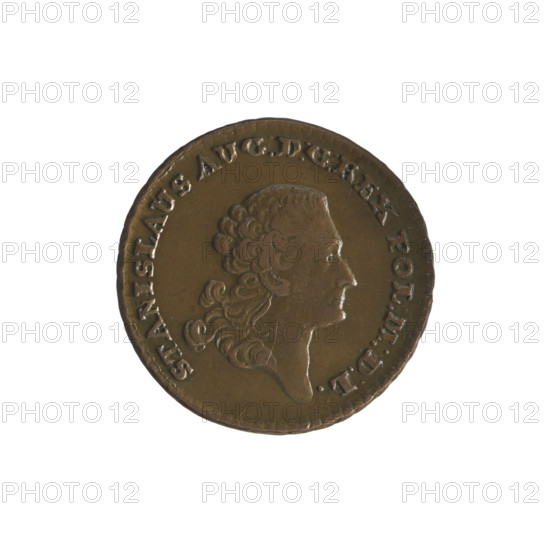 Historical troika; Stanislaw August Poniatowski (King of Poland; 1732–1798); Konstanty Jablonowski — inspector (1767); Polish coins; iconography: portraits of rulers, commemorative coins; inscriptions; Order of St. Stanislawa; Sobanski, Kazimierz (1859–1909); Obv.: Head of Stanislaw August turned to the right, around the inscription divided at the bottom: STANISLAUS AUG: D:G:REX POL:M:D:L: - , pearl border. Rev.: Inscription in seven lines: INSTIT:/ORD:S.STAN/8.MAI./CELEBRET PER/SAECVLAFESTVM/OF:CR:?.MON:/1767., below the CI signature, pearl border, decorative border. 1767. Polish–Lithuanian Commonwealth (1569–1795), Kraków, Poland. Coin (commemorative). Diameter 27.2–27.6 mm. Weight 11.74 g.