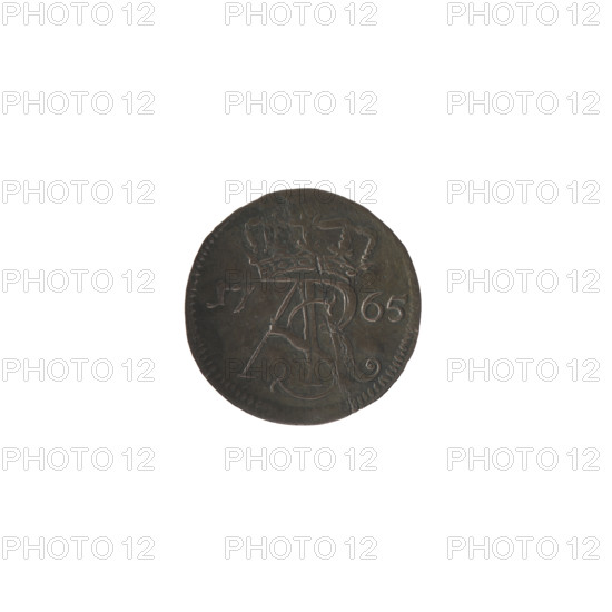 Torun szelag, Stanislaw August Poniatowski (King of Poland; 1764–1795), Brückmann, Szymon (fl. 1764–1768), monograms, royal monograms, tied monograms, Stanislaw August Poniatowski (King of Poland; 1732–1798), inscriptions, coats of arms, city coats of arms, Torun (coat of arms). Obv.: Under the crown, a tied monogram composed of the letters SAR, on the sides: 17 - 65, pearl border. Rev.: Under the trefoil, an inscription in three lines: SOLID/CIVITAT/THORUN, below the coat of arms of Torun, on its sides trefoils, pearl border. 1765, Polish–Lithuanian Commonwealth (1569–1795), Torun, Poland. Coin: diameter 15.7–15.8 mm, weight 0.61 g.