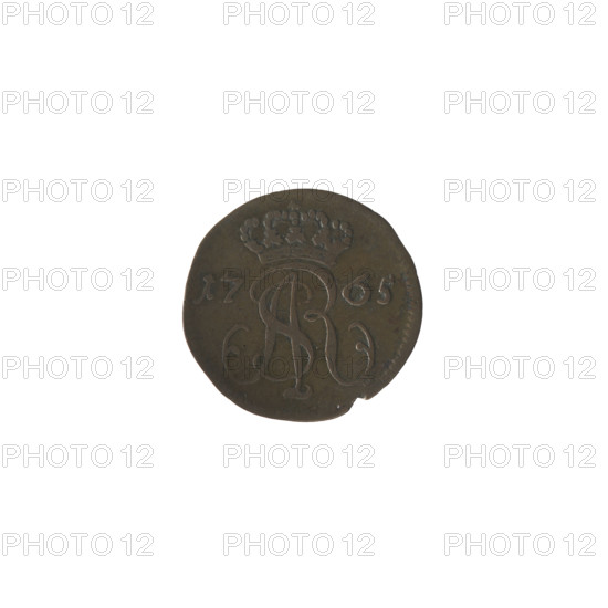 Gdansk szelag, Stanislaw August Poniatowski (King of Poland; 1764–1795), Oeckermann, Rudolf Ernest (1760–1765), monograms, royal monograms, tied monograms, Stanislaw August Poniatowski (King of Poland; 1732–1798), inscriptions, coats of arms, city coats of arms, Gdansk (coat of arms), city coins. Obv.: Under the crown, a tied monogram composed of the letters SAR; on the sides: 17 - 65; pearl border. Rev.: Under the rosette, an inscription in three lines: SOLID/CIVITAT/GEDAN; below, the Gdansk coat of arms; on the sides, signature: RE - OE.; pearl border. 1765, Polish–Lithuanian Commonwealth (1569–1795), Gdansk, Poland; coin. Diameter: 15.5–16.0 mm; weight: 0.68 g.