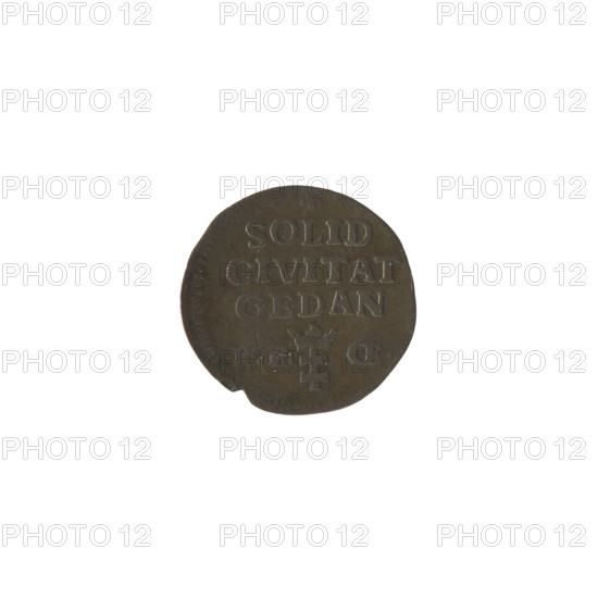 Gdansk szelag, Stanislaw August Poniatowski (King of Poland; 1764–1795), Oeckermann, Rudolf Ernest (1760–1765), monograms, royal monograms, tied monograms, Stanislaw August Poniatowski (King of Poland; 1732–1798), inscriptions, coats of arms, city coats of arms, Gdansk (coat of arms), city coins. Obv.: Under the crown, a tied monogram composed of the letters SAR, on the sides: 17 - 65, pearl border. Rev.: Under the rosette, an inscription in three lines: SOLID/CIVITAT/GEDAN, below the Gdansk coat of arms, on the sides, signature: RE - OE., pearl border. 1765, Polish–Lithuanian Commonwealth (1569–1795), Gdansk, Poland. Coin: diameter 15.5–16.0 mm, weight 0.68 g.
