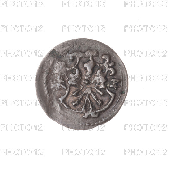 grosik, Jan Chrystian (Duke of Brzeg; 1591–1639), Jerzy Rudolf (Duke of Legnica; 1595–1653), Cantor, Christoph (fl. 1611–1622), publisher; Duchy of Brzeg-Legnica-Wolów; Silesian eagle iconography; Piast family; coats of arms of the Duchy of Legnica, Legnica, and Brzeg; heraldic shields under a ducal mitre; Obverse: in a double border a decorative cartouche with the Silesian Eagle, date on the sides; Reverse: in a double border under the ducal mitre two curved heraldic shields (Legnica and Brzeg), below 8, 1612; Silesia, Zloty Stok; coin (grosik), diameter 16.6 mm, weight 0.67 g, axis 120°