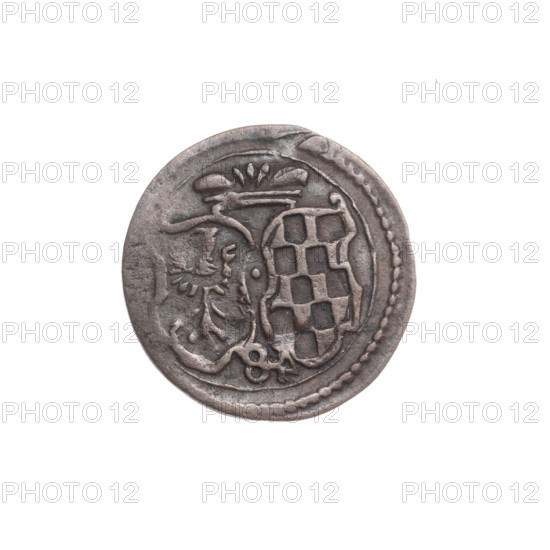 Obv. In a double border a decorative cartouche with the Silesian eagle; on the sides the date. Rev. In a double border under the ducal mitre two curved heraldic shields — Legnica and Brzesko; below 8, 1612. Jan Chrystian (Duke of Brzeg; 1591–1639); Jerzy Rudolf (Duke of Legnica; 1595–1653); Cantor, Christoph (fl. 1611–1622), publisher. Silesian eagle (iconographic); eagles; Piast family; Duchy of Brzeg-Legnica-Wolów; Duchy of Legnica (coat of arms); Legnica (coat of arms); shields, heraldic shields. Coin (grosik), Zloty Stok; diameter 16.6 mm; weight 0.67 g; axis 120°; R8 (rarity).