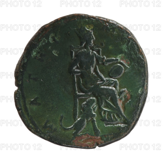 Sestertius, Faustina the Younger (ca. 130–176; Roman empress 161–176), issued under Marcus Aurelius (121–180; Roman emperor 161–180). Obverse: bust of Faustina II draped, facing right, inscription FAVSTINA·AVG·STA. Reverse: Cybele (mythology) seated right in turret crown between two lions, holding a drum on her knees with left hand, inscription MATRI·M. Iconography: Faustina II, Cybele, lions, drums, ancient deities. Date: 161–176, Roman Empire (27 BC–476), Rome. Coin type: sestertius; diameter ca. 29–30 mm; weight 19.95 g; axis 195°.