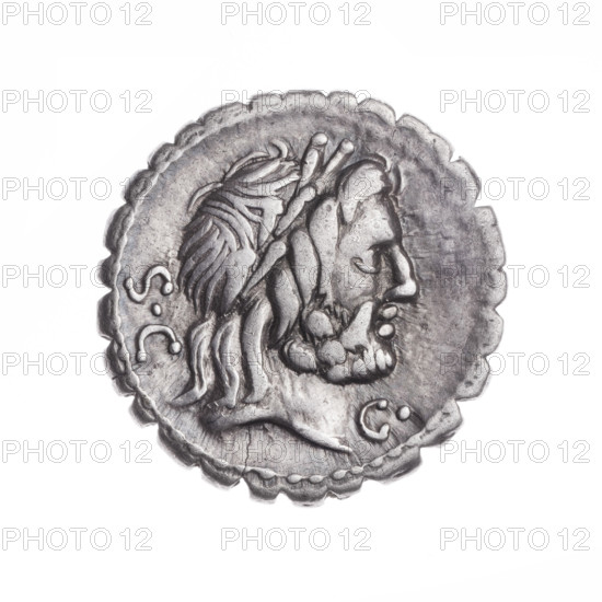 denarius serratus, Antonius Balbus, Q. (fl. 83–82 BC), publisher; Victoria on a quadriga; Jupiter, head of Jupiter; Victoria (personification), palm branches (attribute), laurel wreath (attribute); quadrigae, horses. Obv. Head of Jupiter in a laurel wreath facing right; behind it S C; in front the control mark G. Pearly border. Rev. Victoria on a quadriga facing right; in her hands reins and a palm branch, in the left a wreath; below the line Q.ANTO.BALB/ (ANT and AL in ligature). Pearl border. 83–82 BC, Roman Republic (505–27 BC), Rome; coin; diam. 18.0–18.5 mm; weight 3.96 g; axis 180°.