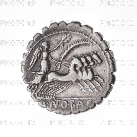 denarius serratus, Antonius Balbus, Q. (fl. 83–82 BC), publisher; obverse: head of Jupiter in a laurel wreath right, control mark G behind, pearly border; reverse: Victoria on a quadriga right, holding reins and a palm branch in right hand and a wreath in left, below line Q.ANTO.BALB (ANT and AL in ligature), pearl border; quadrigae, horses; inscriptions; 83–82 BC, Roman Republic (505–27 BC), Rome; coin; diameter 18.0–18.5 mm; weight 3.96 g; axis 180°