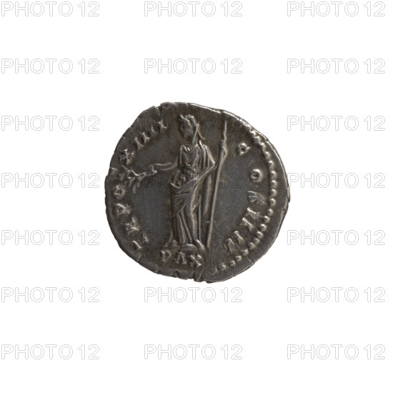 Denarius, Antoninus Pius (86–161; Roman emperor 138–161), obverse: head of the emperor in a laurel wreath facing right, inscription IMP CAES T AEL HADR ANTONINVS AVG PIVS PP; reverse: Pax standing left, holding a branch in his right hand and a long scepter in his left, inscription TR POT XIIII - S IIII in the PAX section; iconography: Antoninus Pius, scepters, branches, personifications, Pax; date: 150–151; Roman Empire (27 BC–476), Rome; coin, weight 3.55 g, diameter 18.0 mm, axis 195°.