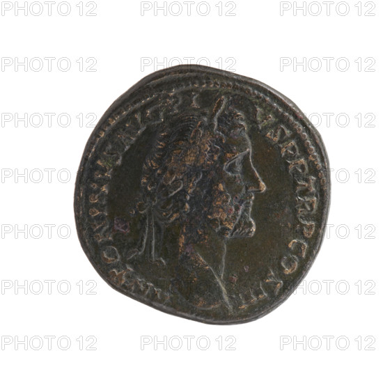 Sestertius, Antoninus Pius (86–161; Roman emperor 138–161), obverse: head of the emperor in a laurel wreath to the right, inscription ANTONINVS AVG PIVS PP TR P COS III; reverse: Annona (personification) stands to the right, holding ears of corn above a modius in her lowered right hand and a cornucopia above a ship's prow in her left, inscription ANNO NA AVG in fields SC; date c. 140–144, Roman Empire (27 BC–476), Rome; coin, bronze, diameter 32.0 mm, weight 28.55 g, axis 15°.