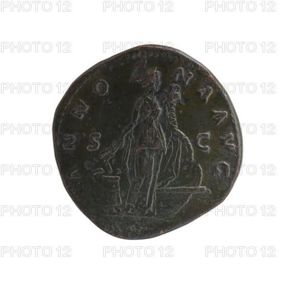Sestertius, Antoninus Pius (86–161; Roman emperor 138–161), head of the emperor in a laurel wreath; obverse inscription: ANTONINVS AVG PI - VS PP TR P COS III. Reverse: Annona (personification) stands to the right, holding ears of corn above a modius in her lowered right hand and a cornucopia above a ship's prow in her left; reverse inscription: ANNO - NA AVG with S C in fields. Iconography: Antoninus Pius; Annona; ships; cornucopias. Date: 140–144. Roman Empire (27 BC–476), Rome. Coin (sestertius); diameter 32.0 mm; weight 28.55 g; axis 15 degrees.