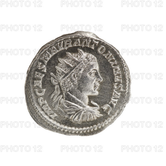 Antoninian of Elagabalus (reigned 218–222). Obverse: bust of the emperor in a radiant crown, armor and paludamentum, facing right; inscription IMP CAES MAVR ANTONINVS AVG; pearl rim. Reverse: SALVS ANTONINI AVG; Salus stands facing right feeding a snake held in his hands; pearl rim. Date: 218–219. Roman Empire. Rome. Coin; diameter ~21–22 mm; weight 4.53 g.