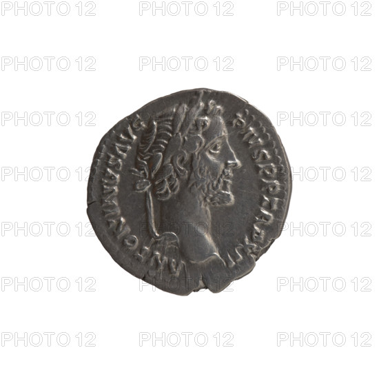Denarius, Antoninus Pius (86–161; Roman emperor 138–161), issuer; silver coin, 148–149 CE, Roman Empire (Rome). Obverse: head of the emperor with a laurel wreath facing right, inscription ANTONINVS AVG - PIVS PP TR P XII. Reverse: emperor in toga standing left, holding a patera above a tripod in his right hand and a scroll in his left, inscription C OS - IIII. Coin diameter 17.5 mm, weight 3.37 g, axis 0°.