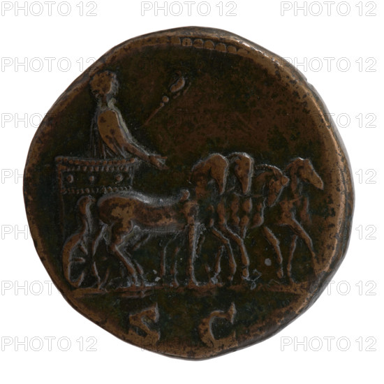Sestertius, Marcus Aurelius (121–180; Roman emperor 161–180), caesar 139–161; Antoninus Pius (86–161; Roman emperor 138–161) (issuer). Obverse: Head of young Marcus Aurelius uncovered, with drapery on the left shoulder, right; legend AVRELIVS CAESAR AVG PII F COS II. Reverse: Marcus Aurelius on a slowly moving quadriga to the right, holding a scepter topped with an eagle in his left hand; control letters SC. Date: ca. 145–147. Roman Empire, Rome. Coin; bronze; diameter 30.0 mm; weight 27.30 g; axis 0°. Iconography: quadrigae, scepters.