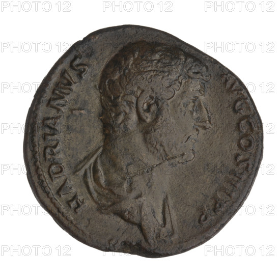 Sestertius of Hadrian (76–138; Roman Emperor 117–138). Obverse: Bust of Hadrian facing right in drapery; beaded border; rim inscription 'HADRIANVS AVG COS III PP'. Reverse: Hadrian in a toga stands facing left, shakes hands with the personification of Spain kneeling before him; below the line 'SC'; beaded border; rim inscription 'RESTITVTORI HISPANIAE'. Date: 134–138. Roman Empire (27 BC–476). Rome. Coin; diameter 31.0–31.7 mm; weight 25.65 g.