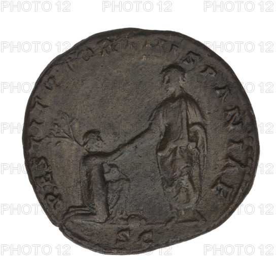 Sestertius of Hadrian (76–138; Roman Emperor 117–138). Obverse: bust of Hadrian facing right in drapery; beaded border; rim inscription 'HADRIANVS AVG COS III PP'. Reverse: Hadrian in a toga standing left, shaking hands with the personification of Spain kneeling before him; below the line 'SC'; beaded border; rim inscription 'RESTITVTORI HISPANIAE'. Date: 134–138. Roman Empire (27 BC–476). Coin (sestertius). Diameter ~31.0–31.7 mm; weight 25.65 g. Includes laurel wreaths, branches, and busts in design.