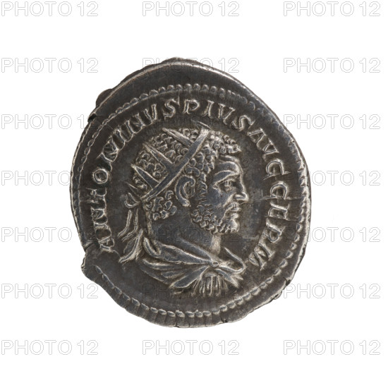 Antoninian, Caracalla (188–217; Roman emperor 198–217), issuer. Obverse: Bust of Caracalla on the right in a radiant crown, armor and drapery. Inscription: ANTONINVS PIVS AVG GERM. Beaded border. Reverse: Naked Sol stands straight with his head turned left, right hand raised, holding a globe in the left. Inscription: PM TRP XVIIII COS IIII P P. Pearl border. Date: 216. Roman Empire (27 BC–476). Rome. Coin; diameter 25.0 mm; weight 5.02 g.