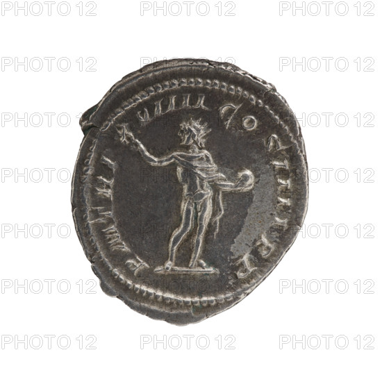 Antoninian of Caracalla (reign 198–217; emperor 188–217), c. 216. Obverse: Bust of Caracalla right, wearing a radiate crown, armor and drapery. Inscription: ANTONINVSPIVSAVGGERM. Beaded border. Reverse: Naked Sol standing facing, head turned left, right hand raised, holding a globe in left. Inscription: PMTRP XVIIII COS IIII PP. Pearl border. Coin (Roman Empire), diameter 25.0 mm, weight 5.02 g.