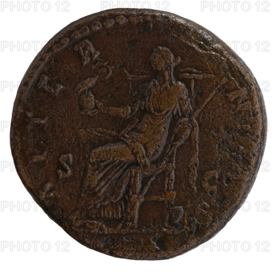 Sestertius, Antoninus Pius (86–161; Roman emperor 138–161), issuer; Faustina the Elder (98–141; Roman empress 138–141), posthumous portrait. Obverse: bust of Faustina I draped, facing right, inscription DIVA AVG • FAVSTINA. Reverse: Aeternitas seated on a throne to left, holding a globe with a phoenix in outstretched right hand and a long scepter in left; inscription AETER•N S in fields, SC. After 141, Roman Empire, Rome. Coin; bronze; diameter 30.5 mm; weight 23.50 g; axis 0°.
