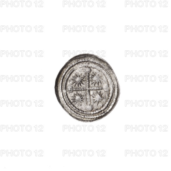 Denarius of Boleslaw III Krzywousty (prince of Poland; ca. 1125–1138). Obverse: in a beaded border, a knight in chain mail thrusting a spearhead into the jaws of an upside-down dragon. Reverse: in a double beaded border, an isosceles cross topped with balls (two with dots); between its arms, a single sun (one with a dot). Iconography: chain mail, spearhead, equal-armed cross, crosses, jaws, martyrs, knight, dragons, fight against pagans, fight between good and evil, Adalbert (Saint; ca. 956–997). Romanesque style. Coin. Poland, Kraków. Diameter 12.6–13.1 mm; weight 0.48 g. State of preservation: very good.