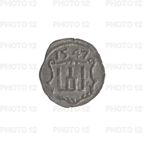 Lithuanian obol of Sigismund II Augustus (King of Poland, 1544–1572), Jagiellonian dynasty. Silver coin (obol) from the Grand Duchy of Lithuania, struck in Vilnius, 1547. Obverse: in the rim under the ducal mitre a tied monogram composed of the letters S A Rw; in the rim a shield with the Columns of Gediminas coat of arms, above the shield the date 1547. Heraldic shields, tied monograms. Diameter ca. 11.6–12.5 mm; weight 0.31 g.