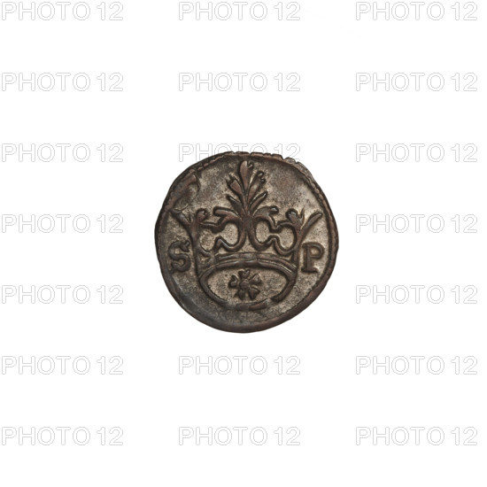 Crown denarius of Sigismund I the Old (King of Poland, reign 1506–1548). Obverse: crown flanked by the letters S and P. Reverse: crowned eagle with head turned left and long talons. Motifs: talons, crowns, eagles. Minted 1506–1548, Kraków, Poland. Coin; diameter ~12.0–12.5 mm; weight 0.33 g.