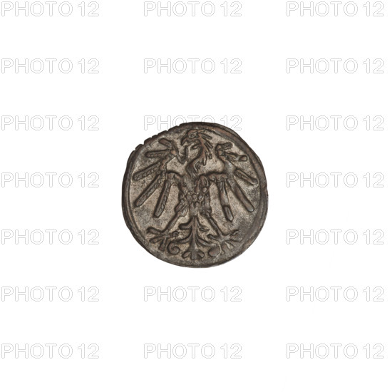 Crown denarius of Sigismund I the Old (King of Poland, reign 1506–1548). Obverse: crown flanked by the letters S and P. Reverse: crowned eagle with head turned left and long talons. Inscription of dates 1506–1548. Minted in Kraków, Poland. Coin; diameter ~12.0–12.5 mm; weight ~0.33 g.