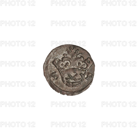 Crown denarius of Sigismund I the Old (King of Poland, reign 1506–1548). Obverse: royal crown with the letters 'SP' on the sides and two crossed sabres at the bottom. Reverse: Polish eagle. Features eagles, talons, crowns, wings. Minted Kraków, Poland, dated 1506–1548. Coin; diameter 12.5 mm, weight 0.34 g.