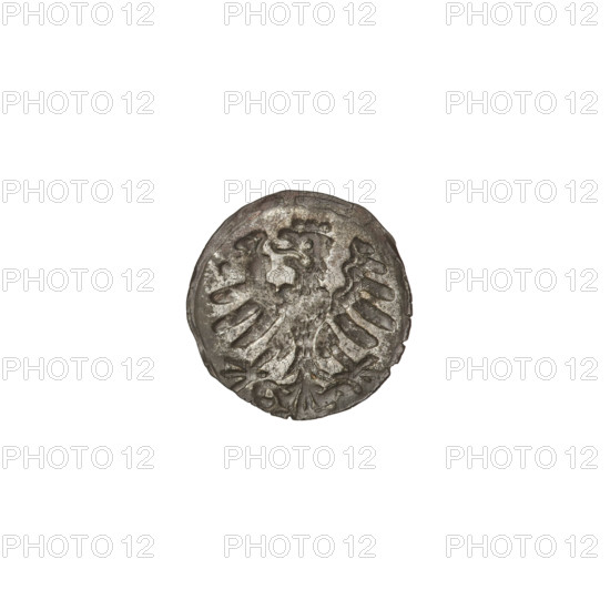 Crown denarius of Sigismund I the Old (King of Poland; 1506–1548). Obverse: royal crown with the letters 'SP' on the sides and two crossed sabres at the bottom. Reverse: Polish eagle. Design elements include eagles, talons, crowns, wings. Minted in Kraków, Poland, 1506–1548. Coin; diameter 12.5 mm, weight 0.34 g.