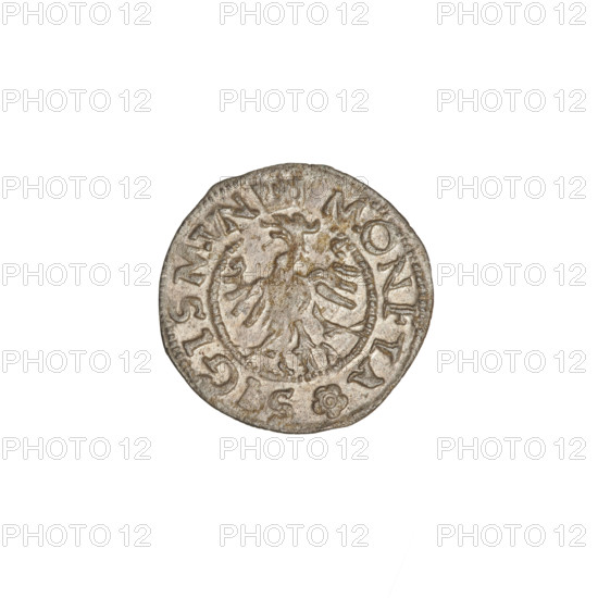 Crown ternary, Sigismund I the Old (King of Poland; 1506–1548), crowns, eagles, coats of arms, talons, wings. Obverse: Polish eagle with a crown. In the rim, an inscription divided at the top by the eagle's crown, at the bottom by a rosette: MONETA SIGISMVN. Reverse: Shield with a double cross. On the sides the letters SP. In the rim, an inscription divided at the top and bottom by rosettes: REGIS POLO 1546. R5, 1546, Kraków, Poland, coin, diameter 15.0 mm, weight 0.58 g