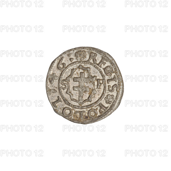 Crown ternary, Sigismund I the Old (King of Poland; 1506–1548), crowns, eagles, coats of arms, talons, wings. Obverse: Polish eagle with a crown. In the rim, an inscription divided at the top by the eagle's crown, at the bottom by a rosette: MONETA SIGISMVN. Reverse: Shield with a double cross. On the sides the letter SP. In the rim, an inscription divided at the top and bottom by rosettes: REGIS POLO 1546. R5, 1546, Kraków, Poland, coin, diameter 15.0 mm, weight 0.58 g