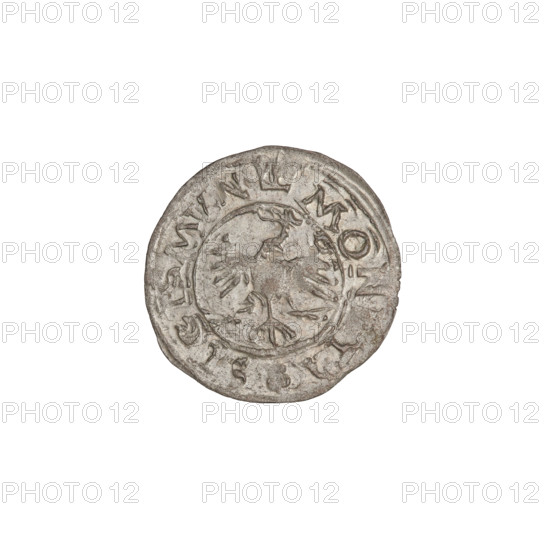 Crown ternary, Sigismund I the Old (King of Poland; 1506–1548). Coin (1546), Kraków, Poland; diameter 16.0 mm, weight 0.47 g. Obverse: Polish eagle with a crown; rim inscription divided at the top by an eagle's crown and at the bottom by a rosette: MONETA SIGISMVN. Reverse: Shield with a double cross, letters SP on the sides; rim inscription divided at top and bottom by rosettes: REGIS POLO.
