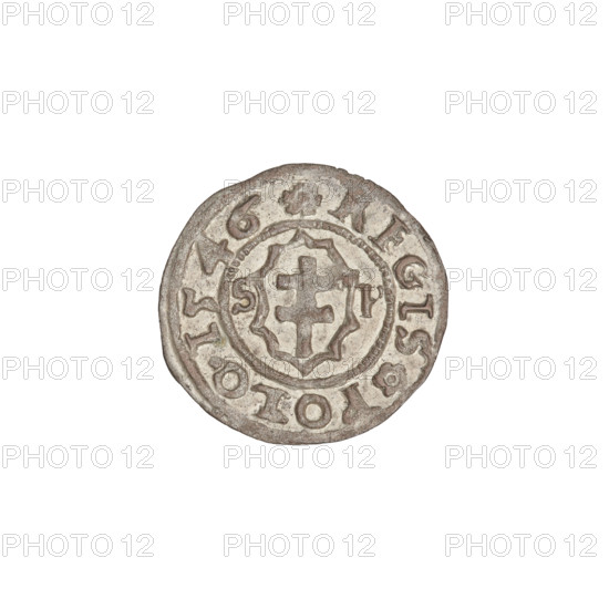 Crown ternary, Sigismund I the Old (King of Poland; 1506–1548). Coin (1546, Kraków, Poland). Diameter 16.0 mm, weight 0.47 g. Obverse: Polish eagle with a crown; rim inscription divided at the top by an eagle's crown and at the bottom by a rosette: MONETA SIGISMVN. Reverse: Shield with a double cross; letters SP on the sides; rim inscription divided at top and bottom by rosettes: REGIS POLO.