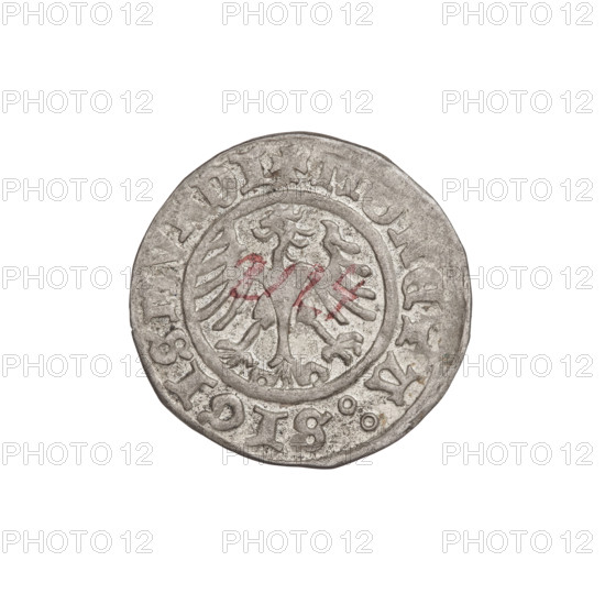 Crown half-grosz, Sigismund I the Old (King of Poland; 1506–1548). Reverse: Polish eagle; in the rim an inscription divided at the top by a cross: MONETA : SIGISMUNDI. Obverse: Royal crown; in the rim an inscription divided at the top by a cross: REGIS : POLONIE : 1510. R1, 1510. Poland. Coin, diameter 18.0–18.5 mm, weight 1.02 g.