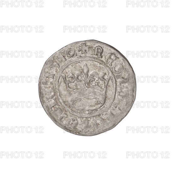 Crown half-grosz, Sigismund I the Old (King of Poland; 1506–1548). Reverse: Polish eagle; in the rim an inscription divided at the top by a cross: MONETA : SIGISMUNDI. Obverse: Royal crown; in the rim an inscription divided at the top by a cross: REGIS : POLONIE : 1510. 1510, Poland, coin. Crowns, talons, eagles, wings. Diameter 18.0–18.5 mm; weight 1.02 g.