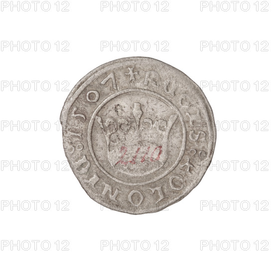 Crown half-grosz, Sigismund I the Old (King of Poland; 1506–1548). Reverse: Polish eagle; in the rim an inscription divided by a cross: MONETA:SIGISMVNDI. Obverse: Royal crown; in the rim an inscription: REGIS:POLONIE:1507. Date: 1507. R1, Poland, coin, diameter 19.0 mm, weight 0.97 g.