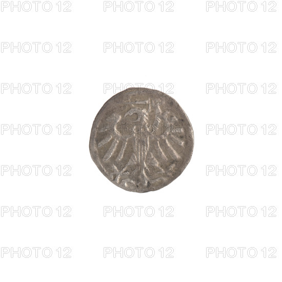 Gdansk denarius of Sigismund I the Old (King of Poland, reign 1506–1548). Silver coin (denarius/Schilling), 1530–1548. Obverse: rim inscription and Royal Prussia Eagle. Reverse: rim inscription and Gdansk coat of arms, flanked by letters M - S. Features royal crown, coats of arms, eagles; associated with the Jagiellonian dynasty. Diameter ~12.0–12.5 mm, axis 225°, weight 0.34 g.