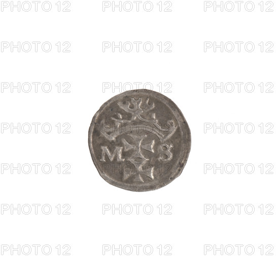 Gdansk denarius, Sigismund I the Old (King of Poland; 1506–1548), Jagiellonians (dynasty), Gdansk (Pomeranian Voivodeship). Silver denarius (Schilling), ca. 1530–1548. Obverse: in the rim the Eagle of Royal Prussia; reverse: in the rim the coat of arms of Gdansk, on the sides the letters M - S. Features: royal crown, coats of arms, eagles; inscriptions/marks include Maciej, denarii. Coin: diameter 12.0–12.5 mm, axis 225°, weight 0.34 g.