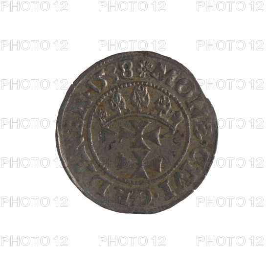 Szelag (coin), Gdansk, 1538. Obverse: Eagle of Royal Prussia; rim inscription between pearl borders: .SIGIS.DEI.GR, EX.POLON. Reverse: Coat of arms of Gdansk; rim inscription between pearl borders: .MONE.CIVI.GEDANEN.1538. Issued under Sigismund I the Old (King of Poland, 1506–1548). Material: coin; diameter ~19.8–20.0 mm; axis 315°; weight 1.08 g. Subjects/icons: eagle (coat of arms), Gdansk coat of arms, Jagiellon dynasty, royal crown; Polish coin.