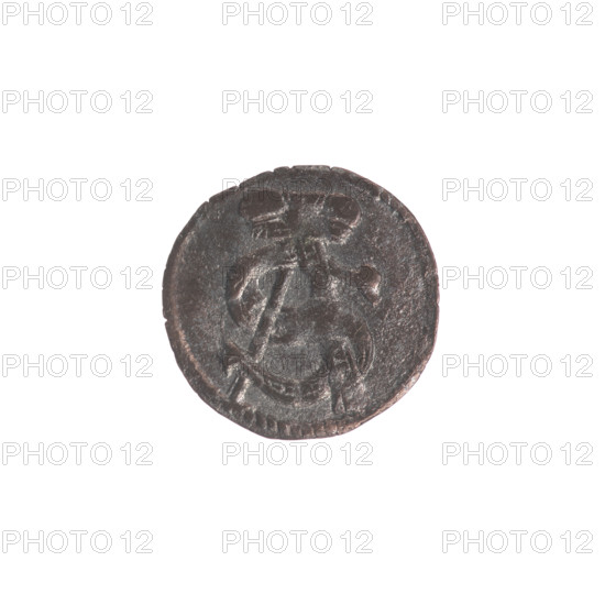 Lithuanian obol, Sigismund II Augustus (King of Poland; 1544–1572), Jagiellonian dynasty. Silver coin (obol), Grand Duchy of Lithuania, Vilnius, 1546. Obverse: in the rim under the ducal mitre a tied monogram composed of the letters S A R w; in the rim a shield with the Columns of Gediminas coat of arms; on the sides the date 15 - 46 (1546). Diameter 11.4–12.0 mm; weight 0.31 g.