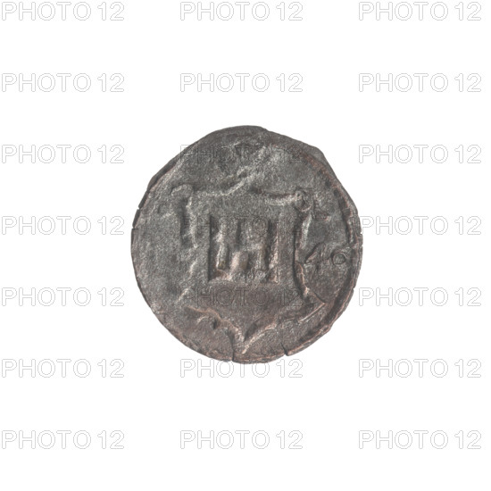 Lithuanian obol, Sigismund II Augustus (King of Poland; 1544–1572), Jagiellon dynasty. Polish coin featuring coats of arms, heraldic shields, monograms, tied monograms, and the Columns of Gediminas (coat of arms). Obverse: in the rim under the ducal mitre a shield with a tied monogram composed of the letters S A R w; in the rim a shield with the Columns coat of arms; on the sides the year 1546. Grand Duchy of Lithuania, Vilnius. Coin, diameter 12.3–12.5 mm, weight 0.3 g.
