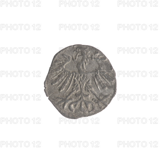 Lithuanian denarius, Sigismund II Augustus (King of Poland; 1544–1572); emblems of the Jagiellon dynasty; Polish coin featuring eagles and the Lithuanian Pursuer. Obverse: Polish eagle in the rim. Reverse: Lithuanian Pursuer in the rim, below the year 155Z/1552. Grand Duchy of Lithuania, Vilnius. Coin; diameter 11.3–12.0 mm; weight 0.29 g.