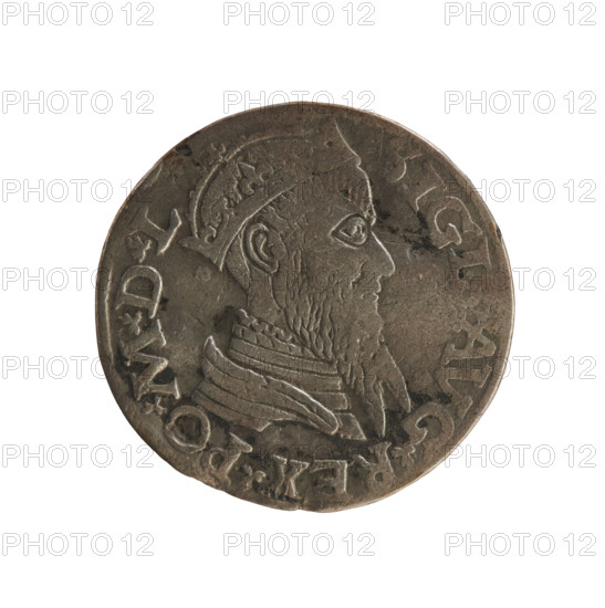Lithuanian two-grosz, Sigismund II Augustus (King of Poland; 1544–1572). Jagiellonian dynasty. Obverse: crowned male bust in armour turned right, separating rim inscription 'IGI. AVG. REX. PO. MDL'; reverse: under the ducal mitre two coats of arms with the Pogon (Lithuania) and Columns of Gediminas, below the value number 'II', inscription around the rim 'ON. MAGNI. DVCA. LITV. 1565'. Dated 1565. Poland, Grand Duchy of Lithuania, Vilnius. Coin; diameter approx. 20.0–20.4 mm; weight 1.91 g.
