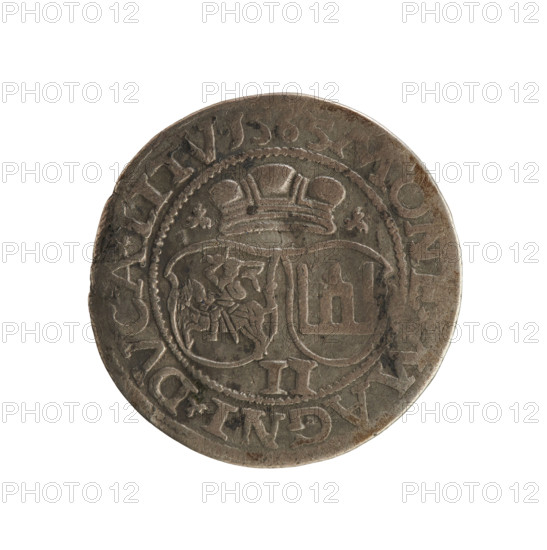Lithuanian two-grosz, Sigismund II Augustus (King of Poland; 1544–1572), Jagiellonian dynasty. Obverse: crowned male bust in armour turned right, separating rim inscription 'IGI .AVG.REX.PO.MDL'. Reverse: under the ducal mitre, two coats of arms (Pogon and Columns of Gediminas), below the value 'II', inscription around the rim 'ON .MAGNI.DVCA.LITV.1565'. Date: 1565. Place: Poland, Grand Duchy of Lithuania, Vilnius. Coin; diameter 20.0–20.4 mm; weight 1.91 g.
