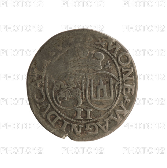 Lithuanian two-grosz, Sigismund II Augustus (King of Poland; 1544–1572), Jagiellonians dynasty. Obverse: crowned male bust in armour turned right, separating the rim inscription SIGIS.AV, MDL. Reverse: under the ducal mitre, two coats of arms with the Pogon and Columns of Gediminas, below the value number II, inscription around the rim MONE.MAGNI.DVCA.L. Dated 1565. Poland, Grand Duchy of Lithuania, Vilnius. Coin; diameter ~19.8–20.3 mm; weight 2.11 g.