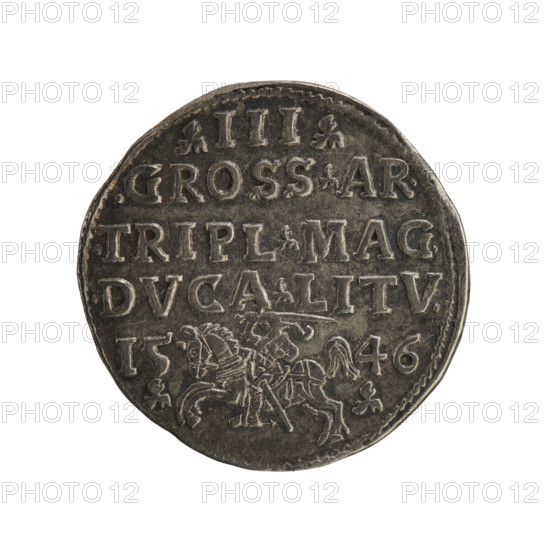 Lithuanian troika, Sigismund II Augustus (King of Poland; 1544–1572), coats of arms, Jagiellonians (dynasty), royal bust, Polish coins, Sigismund II Augustus (King of Poland; 1520–1572) - iconography, Pogon (coat of arms; Lithuania), male busts. Obverse: Crowned male bust in armour turned right, separating the rim inscription at the top: SIGIS.AVG.REX.POLO.MDLI. Reverse: Value number III under which the inscription in three lines: .GROSS.AR./.TRIPL.MAG./.DVCA.LITV.; below the Lithuanian Chase divides the year 15 - 46 (1546). Vilnius, Grand Duchy of Lithuania, coin. Diameter 21.2–21.5 mm, weight 2.64 g.