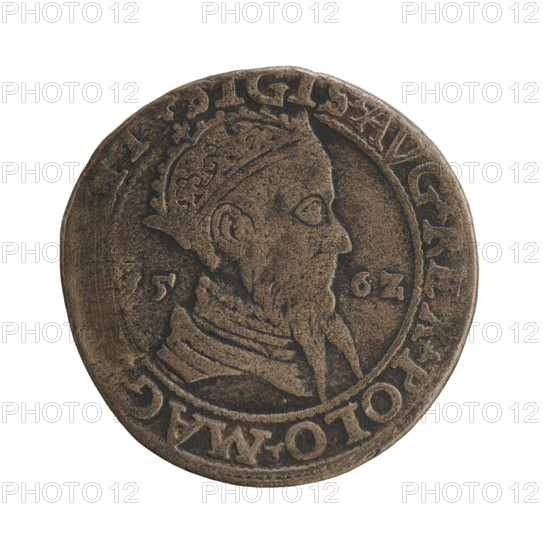 Lithuanian trojak, Sigismund II Augustus (King of Poland; 1544–1572). Obverse: crowned male bust in armour turned right, dividing the year 15 - 6Z, and at the top dividing the rim inscription '.SIGIS.AVG.REX.POLO.MAG.' Reverse: Lithuanian Pogon turned left, below the value number III and the Column coat of arms dividing the rim inscription '.GROSSVS.TRIPL - MA.VCA.LITV.' 1562. Jagiellon dynasty; coin from Vilnius, Grand Duchy of Lithuania, Poland. Diameter c. 26.4–26.6 mm; weight 6.49 g.