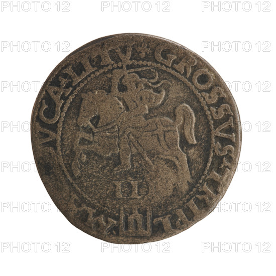 Trojak (coin) of Sigismund II Augustus (King of Poland, 1544–1572). Obverse: crowned male bust in armour turned right, dividing the year 15 - 6Z, with rim inscription '.SIGIS.AVG.REX.POLO.MAG.' Reverse: Lithuanian Pogon (mounted knight) turned left, below the value number III and the Column coat of arms, dividing the rim inscription '.GROSSVS.TRIPL-MA,VCA.LITV.' Dated 1562. Mint: Vilnius, Grand Duchy of Lithuania, Poland. Diameter approx. 26.4–26.6 mm; weight 6.49 g. Subjects/details: coats of arms, Jagiellon dynasty, royal bust, Sigismund II Augustus iconography, male busts.