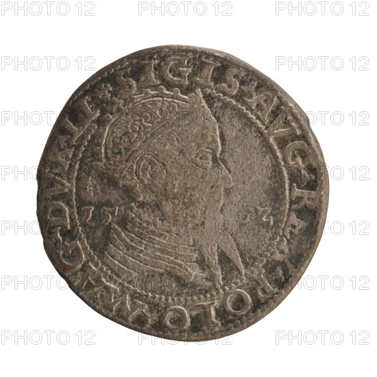 Lithuanian troika, Sigismund II Augustus (king of Poland; 1520–1572) — coats of arms, Jagiellonians (dynasty), Polish coins, Pogon (coat of arms; Lithuania), royal bust, male busts, Sigismund II Augustus — iconography. Obverse: A crowned male bust in armor facing right, dividing the year 15 - 6Z, and at the top dividing the rim inscription: .SIGIS.AVG.R, X.POLO.MAG.DVX.LI. Reverse: Lithuanian Pursuit facing left, below the value number III and the Column coat of arms dividing the rim inscription: .GROSVS.TRIPL - MAG.DVCA.LI, VA, 1562. Vilnius, Grand Duchy of Lithuania, Poland; coin; diameter 27.0–27.5 mm; weight 6.08 g.