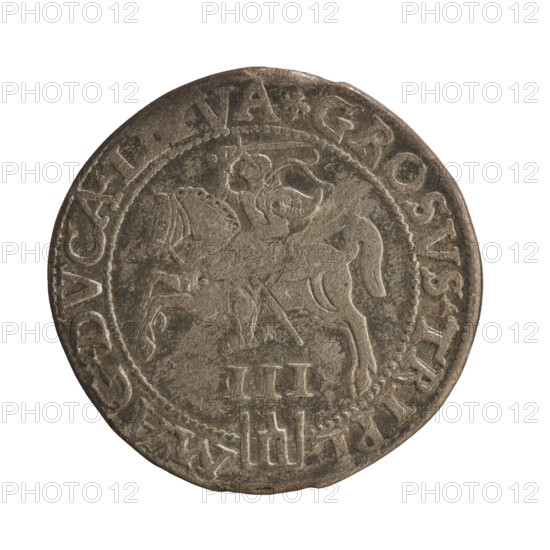 Lithuanian troika; Sigismund II Augustus (king of Poland; 1520–1572) — iconography; coats of arms; Jagiellonians (dynasty); Polish coins; Pogon (coat of arms; Lithuania); royal bust; male busts. Obverse: a crowned male bust in armor facing right, dividing the year 15—6Z, and at the top dividing the rim inscription: .SIGIS.AVG.R, X.POLO.MAG.DVX.LI. Reverse: Lithuanian Pursuit facing left, below the value number III and the Column coat of arms dividing the rim inscription: .GROSVS.TRIPL - MAG.DVCA.LI, VA, 1562. Place: Vilnius, Grand Duchy of Lithuania, Poland. Coin; diameter 27.0–27.5 mm; weight 6.08 g.