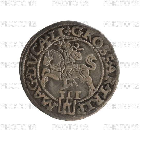 Lithuanian trojak, Sigismund II Augustus (King of Poland; 1544–1572). Obverse: under the crown a tied monogram composed of the letters SA, year on the sides 15 - 6Z, rim inscription: .SIGIS.AVG.REX.PO.MAG.DVX.L. Reverse: Lithuanian Pogon (Pursuit) facing left, below the value number III and the Column coat of arms dividing the rim inscription: .GROSS.AR.TRIP - MAG.DVCA.LI. 1562, Vilnius, Grand Duchy of Lithuania. Coin; silver; diameter ~21.4–21.5 mm; weight 2.92 g.