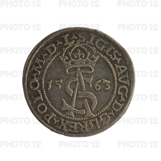 Lithuanian trojak, Sigismund II Augustus (king of Poland; 1544–1572). Obverse: under the crown a tied monogram composed of the letters SA, flanked by the year 15 - 63; rim inscription: .SIGIS.AVG.DG - REX.POLO.MDL. Reverse: under a prince's mitre, a shield with the Lithuanian Pahonia and the value number III, rim inscription: GROSS.AR.TRIP.MAG.DVCA.LI -. 1563. Coin (Grand Duchy of Lithuania), diameter 21.2–21.4 mm, weight 3.02 g. Includes coats of arms (Topór, Pogon), SA monogram, tied monograms, heraldic shields under a ducal mitre.